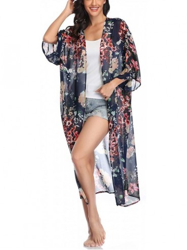Cover-Ups Womens Long Chiffon Floral Kimono Cardigans Loose Blouse Summer Cover Ups - Hawaii Flower - CG199AG6ZE0 $19.51