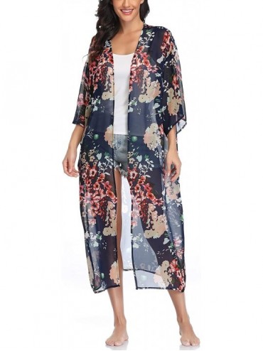 Cover-Ups Womens Long Chiffon Floral Kimono Cardigans Loose Blouse Summer Cover Ups - Hawaii Flower - CG199AG6ZE0 $13.37