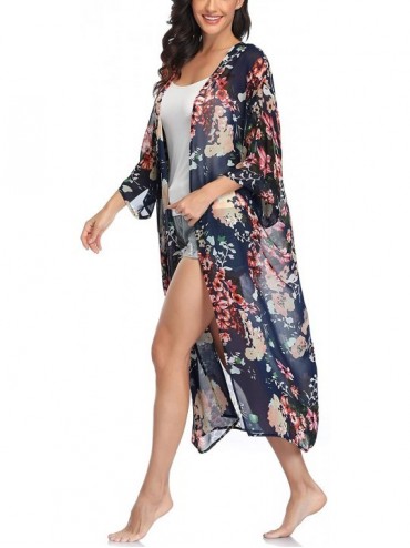 Cover-Ups Womens Long Chiffon Floral Kimono Cardigans Loose Blouse Summer Cover Ups - Hawaii Flower - CG199AG6ZE0 $13.37