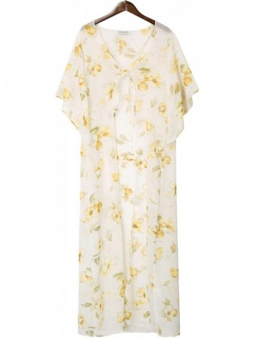 Cover-Ups Women Bikini Beach Cover Ups Cardigan Self-Tie Floral Print Irregular Sleeves Kimono - White - CV196YACT8X $34.63