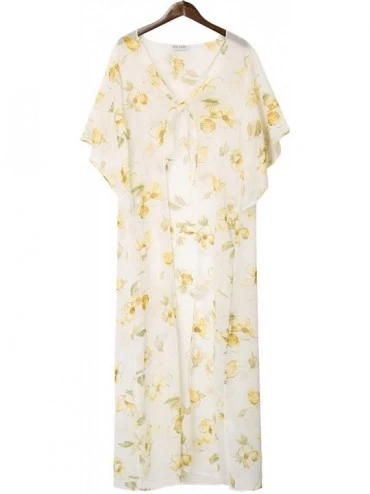 Cover-Ups Women Bikini Beach Cover Ups Cardigan Self-Tie Floral Print Irregular Sleeves Kimono - White - CV196YACT8X $34.63