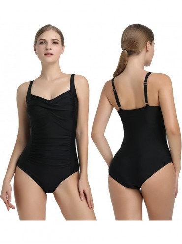 One-Pieces Womens Retro One Piece Swimsuit Tummy Control Slimming Bathing Suit Ruched Swimwear(Size 6 24w) Removable cups bla...