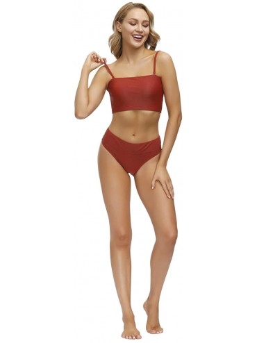 Sets Women's Ribbed 2 Piece Swimsuits High Waisted Bikini Set Padded Swim Bathing Suits Top and Bottoms - Caramel - C8190DQDQ...