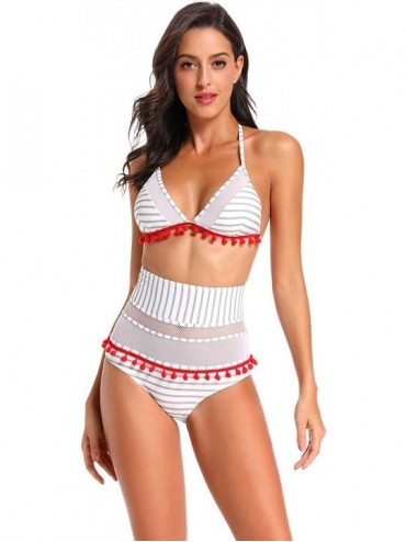 Sets Women's Mesh Striped High Waist Bikini Set Pom Pom Tassel Trim Top Halter Straps Swimsuit(FBA) - Slategray - CI18TITECWD...