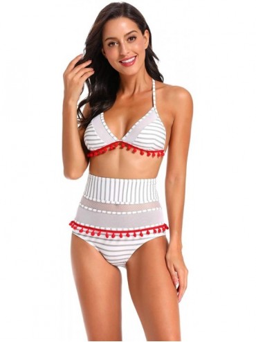 Sets Women's Mesh Striped High Waist Bikini Set Pom Pom Tassel Trim Top Halter Straps Swimsuit(FBA) - Slategray - CI18TITECWD...