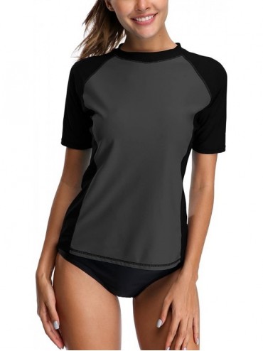 Rash Guards Women Short Sleeve Rashguard Swimsuit Colorblock Swim UV Shirts - Grey-black - CW18522XZGH $48.16