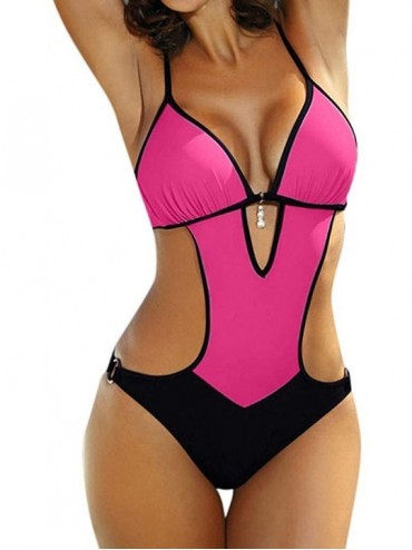 One-Pieces Bikini Swimsuit for Women One Piece Push Up Solid Color Beading Bandage Padded Swimwear Beach Vacation Bathing Sui...