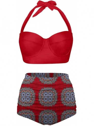 Sets Womens Classic Geometric Summer Halter Bikini Push up High Waisted Swimsuits - Red-3 - C1196SEHMWR $77.37