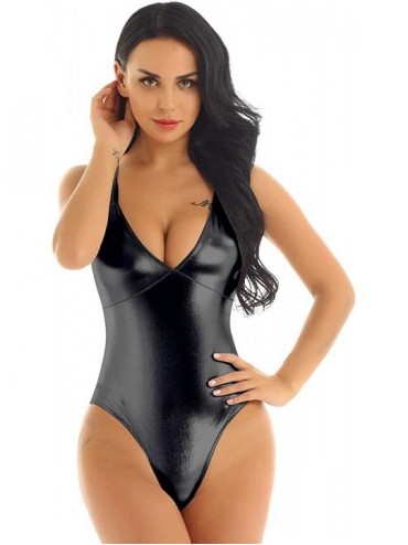One-Pieces Womens One Piece Wet Look V Neck Criss Cross Sleeveless Swimwear High Cut Thongs Swimsuit Bathing Suits - Black - ...
