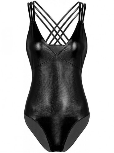 One-Pieces Womens One Piece Wet Look V Neck Criss Cross Sleeveless Swimwear High Cut Thongs Swimsuit Bathing Suits - Black - ...