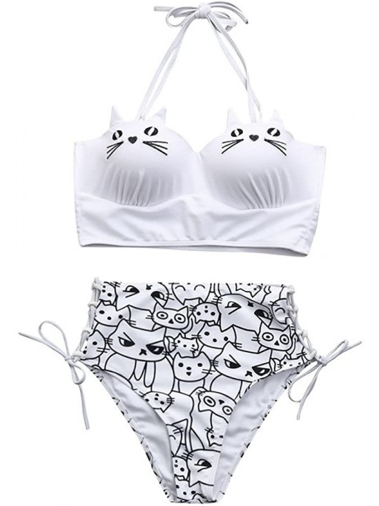 Sets Womens Cute Two Piece Swimwear- Cats Embroidery Print Bikini Set Underwire Padded Bathing Swimsuit - White - CD18C3U0XXX...