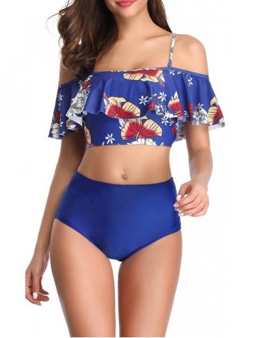 Sets Women Off Shoulder Retro Ruffled Swimsuit Crop Top Two Piece Tankini Bathing Suit - Blue - CQ18R8638ET $37.84