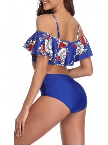 Sets Women Off Shoulder Retro Ruffled Swimsuit Crop Top Two Piece Tankini Bathing Suit - Blue - CQ18R8638ET $18.66