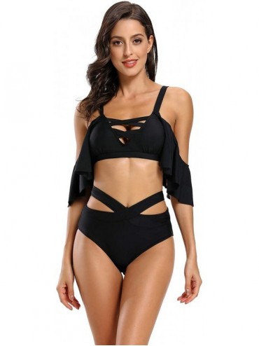 Sets Womens Bikini Sets Two Pieces Ruffled Swimsuits Tummy Control Bathing Suits - 5 Black - C0192U2GOOZ $49.59