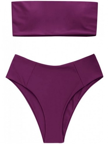 Sets Women's Two Piece Solid Strapless High Cut Bandeau Bikini Set Swimsuit - Purplish Red - CO189XC9WKW $30.90