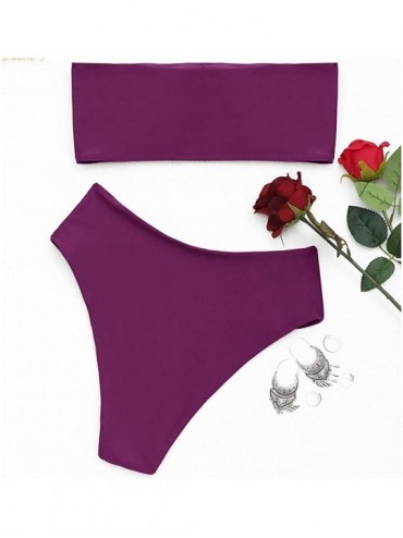 Sets Women's Two Piece Solid Strapless High Cut Bandeau Bikini Set Swimsuit - Purplish Red - CO189XC9WKW $12.53