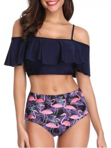 Sets Women's High Waist Bikini Crop Flounce Two Piece Swimsuits Flowy Bathing Suit - Blue Flamingos - CQ18T3RLW8S $49.25