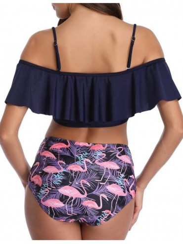 Sets Women's High Waist Bikini Crop Flounce Two Piece Swimsuits Flowy Bathing Suit - Blue Flamingos - CQ18T3RLW8S $18.54