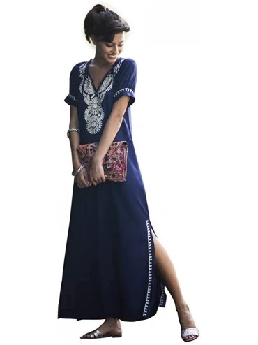 Cover-Ups Women's White Ethnic Print Kaftan Maxi Dress Summer Beach Dress - Navy Blue-7 - CG18YEXKK6W $35.21