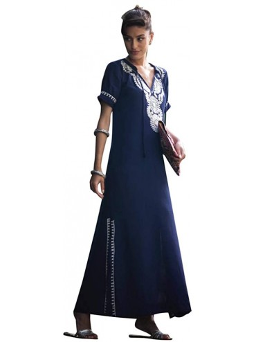 Cover-Ups Women's White Ethnic Print Kaftan Maxi Dress Summer Beach Dress - Navy Blue-7 - CG18YEXKK6W $20.94