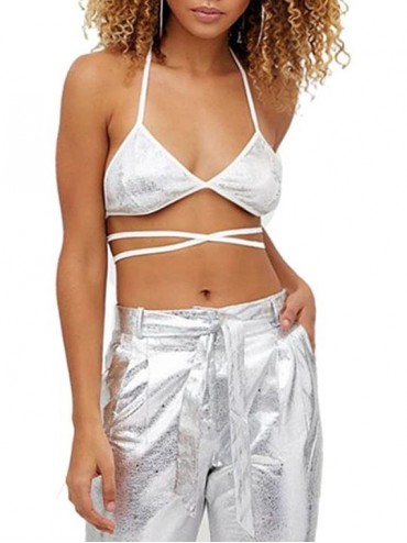 Sets Women Sexy Metallic Two-Piece Bikini Sets Triangle Holographic Swimsuit Backless Bather Swimwear - White-only Top - CA18...