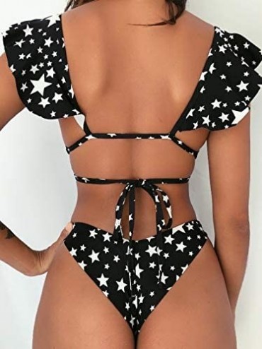 Sets High Waisted Bathing Suit for Women Ruffle Off Shoulder Swimsuit Flounce Bikini Tummy Control Multi Style black Star - C...
