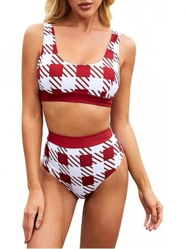 Sets Womens Halter Tankini Swimsuits for Women Two Piece Bathing Suits Back Lace Up Gingham Bikini - Burgundy - CQ199HZRC7X $...