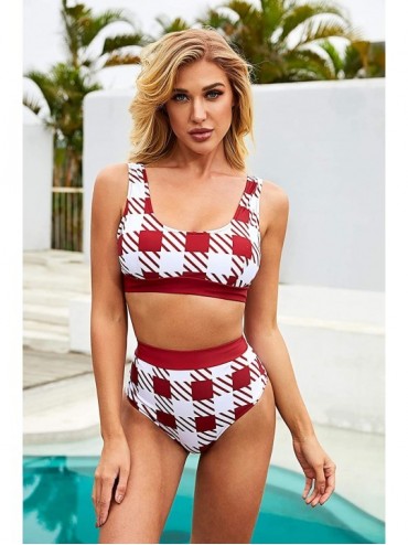 Sets Womens Halter Tankini Swimsuits for Women Two Piece Bathing Suits Back Lace Up Gingham Bikini - Burgundy - CQ199HZRC7X $...