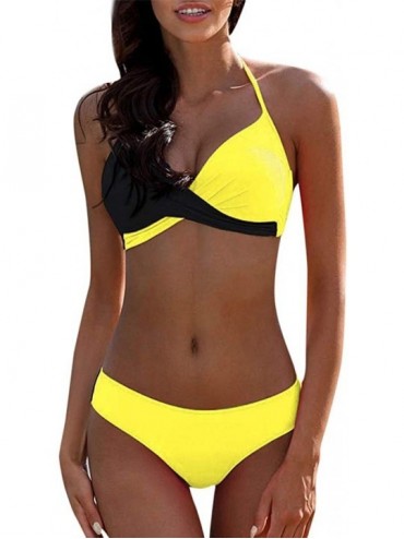 Racing Women's Patchwork Bikini Set Cross Wrap Push Up Top Tie Back Bathing Swimsuit Swimwear - Yellow - CD199OMA89X $37.04