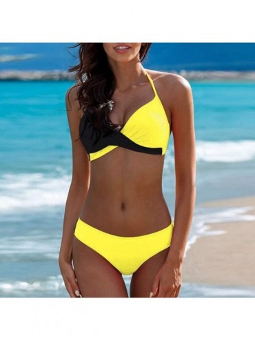 Racing Women's Patchwork Bikini Set Cross Wrap Push Up Top Tie Back Bathing Swimsuit Swimwear - Yellow - CD199OMA89X $22.61