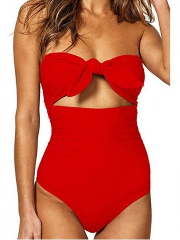 One-Pieces Women's 2019 Tie Knot Front One Piece Bikini Plus Size Off Shoulder Tummy Control High Waist Bathing Suit - Red - ...