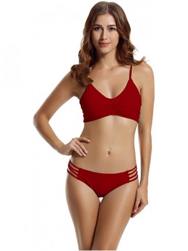 Sets Women's Strap Side Bottom Halter Racerback Bikini Bathing Suits (FBA) - Dark Red - CR12GGTCMG5 $47.46