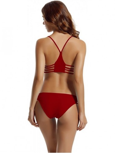 Sets Women's Strap Side Bottom Halter Racerback Bikini Bathing Suits (FBA) - Dark Red - CR12GGTCMG5 $26.50