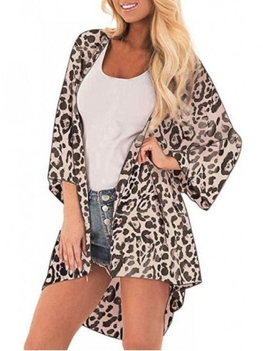 Cover-Ups Women's Leopard Print Kimono Cover Up Sheer Chiffon Blouse Long Cardigan - Brown - CL18TAG9XCW $11.23