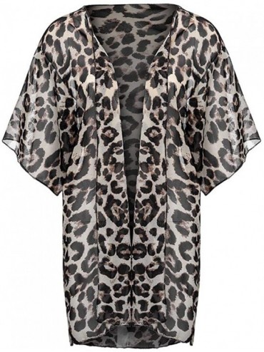 Cover-Ups Women's Leopard Print Kimono Cover Up Sheer Chiffon Blouse Long Cardigan - Brown - CL18TAG9XCW $11.23