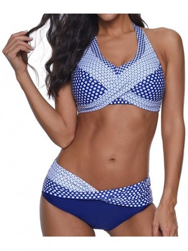 Sets Women Polka Print Tankini Bathing Suit Push-up Boho Beach Swimsuit Bikini Swimwear Plus Size Beachwear - Blue - CU190OOW...