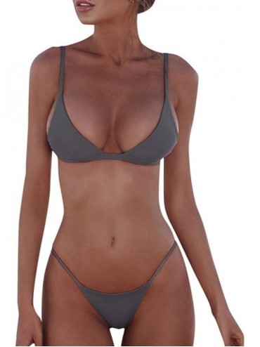 Sets Women's Solid V Neck Push up Padded Brazilian Thong Bikini Swimsuit - Dark Gray - CH194YSTX7X $22.79