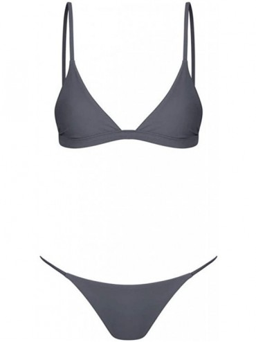 Sets Women's Solid V Neck Push up Padded Brazilian Thong Bikini Swimsuit - Dark Gray - CH194YSTX7X $13.55