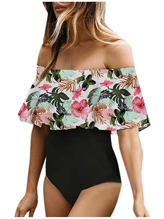 One-Pieces Tankini for Women Sexy Off Shoulder Boho Floral Leaves Print High Waist Tummy Control One Piece Swimsuit Swimwear ...