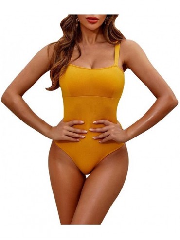 One-Pieces Women's Padded One Piece Monokinis Swimsuits for Tummy Control Bathing Suits Conservative Swimwear - Yellow - CK19...