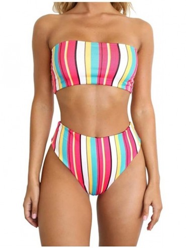 Sets Rainbow High Leg Bikini Set High Waist Cut Strapless Stripe Bandeau Padded Two Pieces - Rainbow - CV18MHW6RKG $31.14