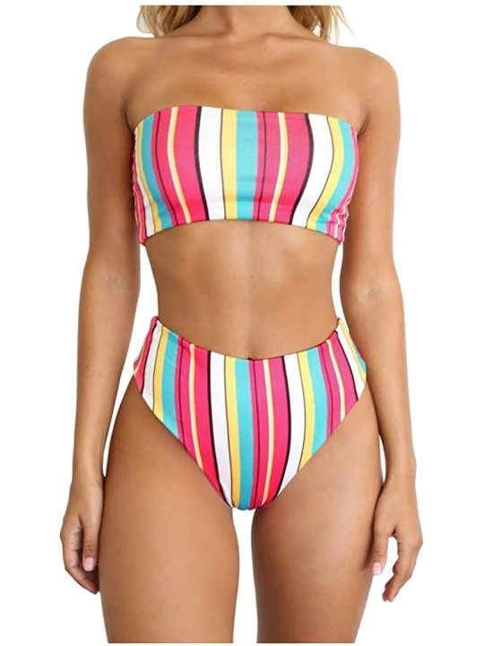 Sets Rainbow High Leg Bikini Set High Waist Cut Strapless Stripe Bandeau Padded Two Pieces - Rainbow - CV18MHW6RKG $14.73