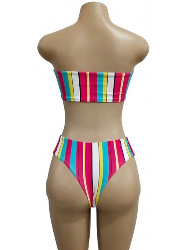 Sets Rainbow High Leg Bikini Set High Waist Cut Strapless Stripe Bandeau Padded Two Pieces - Rainbow - CV18MHW6RKG $14.73