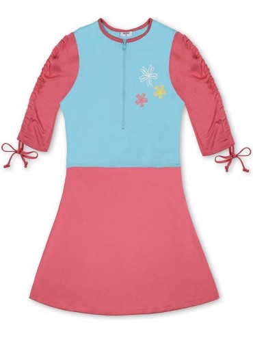 Racing Swim Dress- Modest Swimsuit for Women/Girls -One Piece Attached to Beach Coverup - Pink-aqua - CW18Q6IXUYQ $61.41