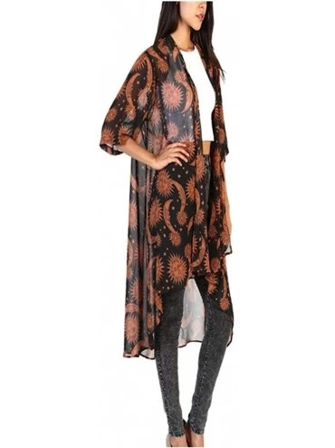 Cover-Ups Womens Cardigan Sun Moon Print Chiffon Loose Kimono Cover up - Brown - C518K0XI9E6 $31.22