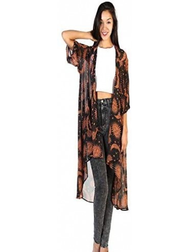 Cover-Ups Womens Cardigan Sun Moon Print Chiffon Loose Kimono Cover up - Brown - C518K0XI9E6 $16.65