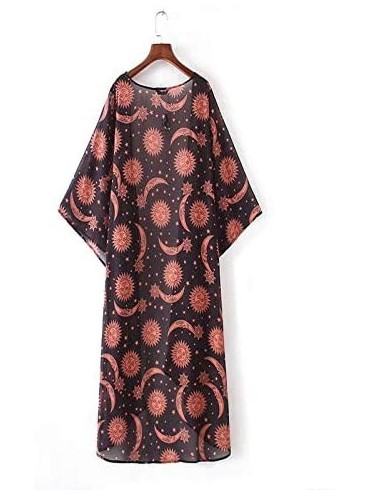 Cover-Ups Womens Cardigan Sun Moon Print Chiffon Loose Kimono Cover up - Brown - C518K0XI9E6 $16.65
