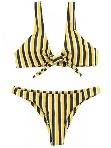 Bottoms Women Knotted Padded Thong Bikini Mid Waisted Scoop Swimsuit Beach Swimwear - Yellow - CW18RONXUX3 $11.99