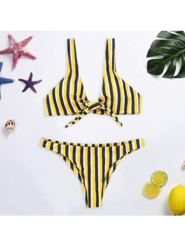 Bottoms Women Knotted Padded Thong Bikini Mid Waisted Scoop Swimsuit Beach Swimwear - Yellow - CW18RONXUX3 $11.99