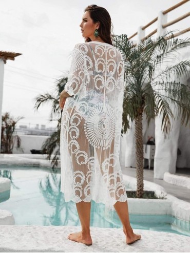 Cover-Ups Sheer Kimono lace Cardigan for Women Cover up Cardigan Beach Kimonos with Half Sleeves (9002 White) - CG18EO780ET $...
